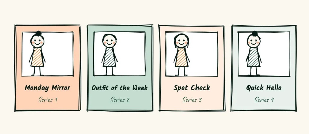 Series are songs people wait for Four small album covers labeled Monday Mirror, Outfit of the Week, Spot Check and Quick Hello, each with a tiny face