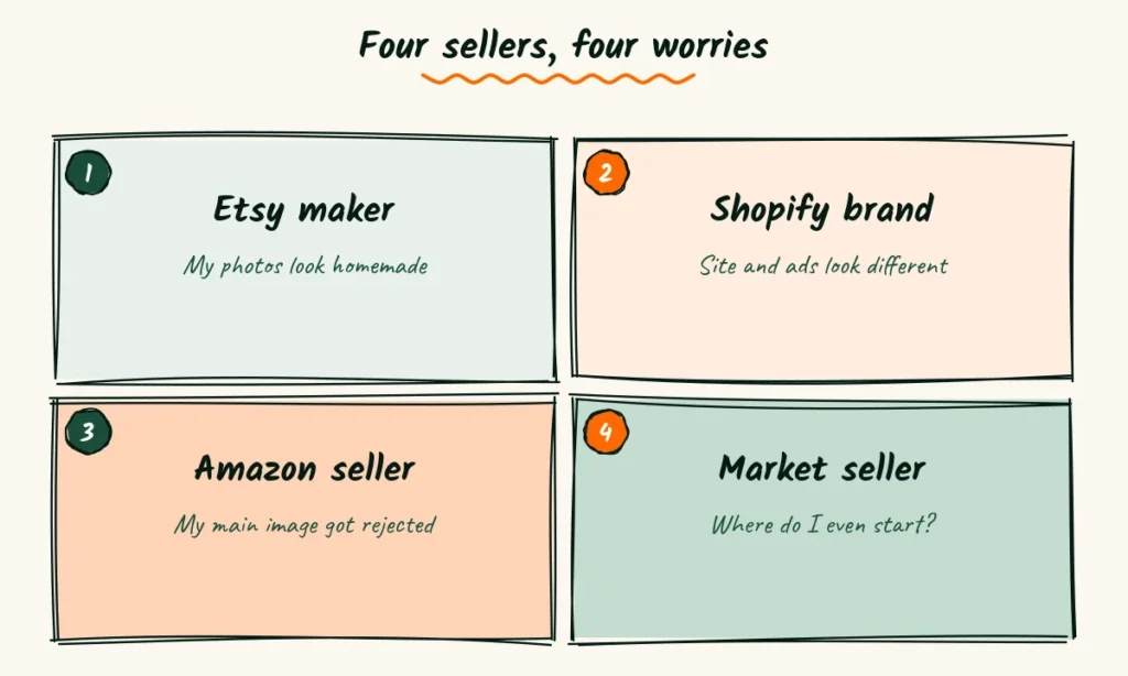 Four online sellers and the worry each one carries Four sketched seller cards for an Etsy maker, a Shopify brand, an Amazon seller and a market seller, each with their main worry