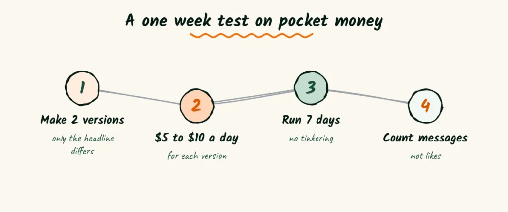 A one week ad test that counts messages, not likes A sketched seven day test plan with two ad versions, a small daily budget and a count of messages instead of likes
