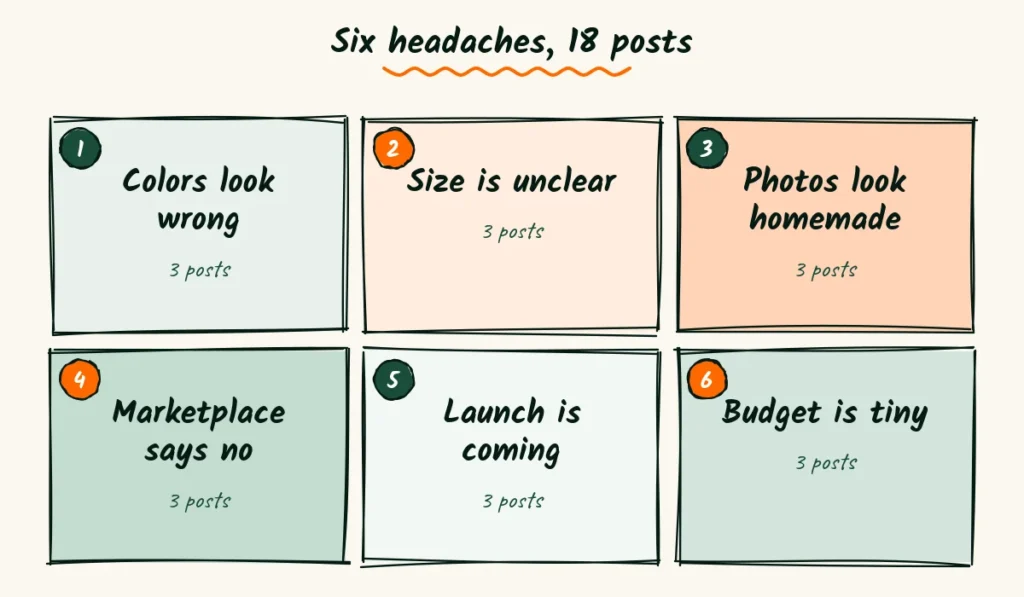 Six seller headaches that become blog posts A sketched grid of six seller headaches, from colors that look wrong to a tiny budget, each in its own colored card