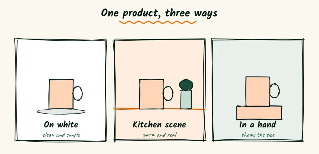One product shot three ways for a reader vote post Three sketched panels showing the same mug photographed on white, in a kitchen scene and held in a hand, for a reader vote