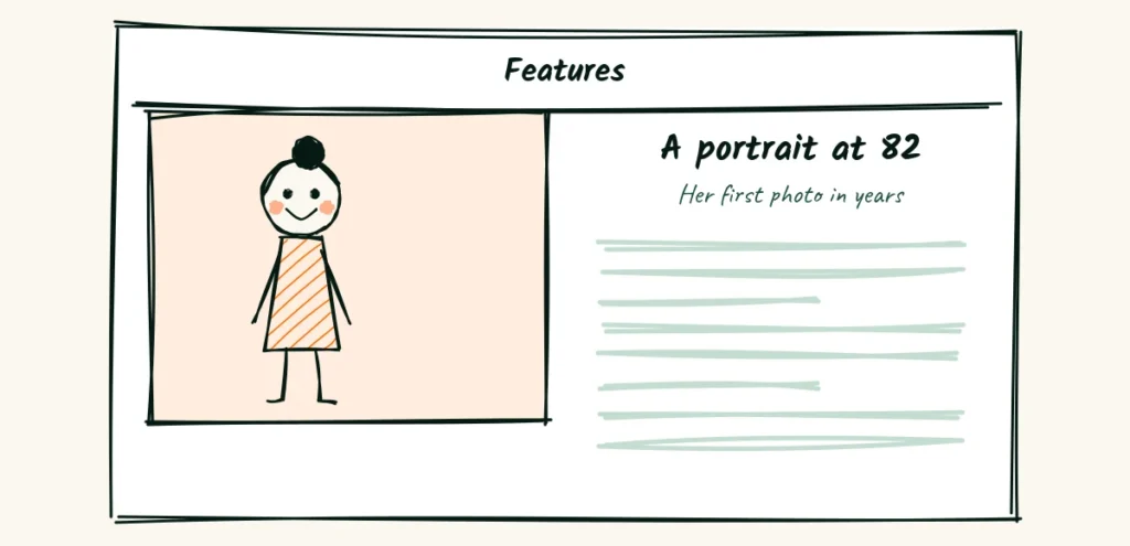A feature is about a person A newspaper feature page with a large framed photo of a smiling woman, a short headline and lines of text
