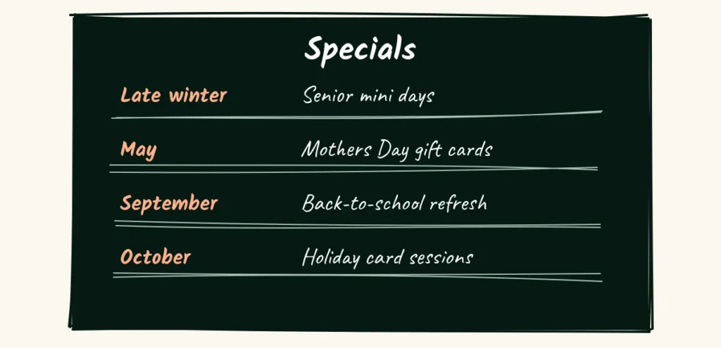 Seasonal specials A chalkboard titled Specials with four seasonal lines for senior mini days, Mothers Day gift cards, a back-to-school refresh and holiday cards