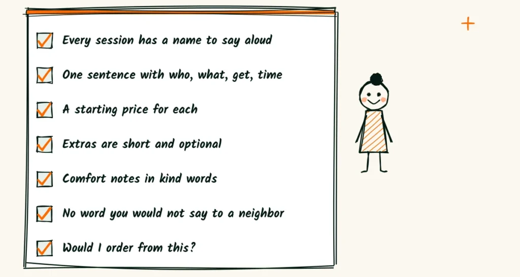 Seven checks before you serve A seven-line checklist with orange check marks beside a happy diner, for checking a portrait services menu before you serve it