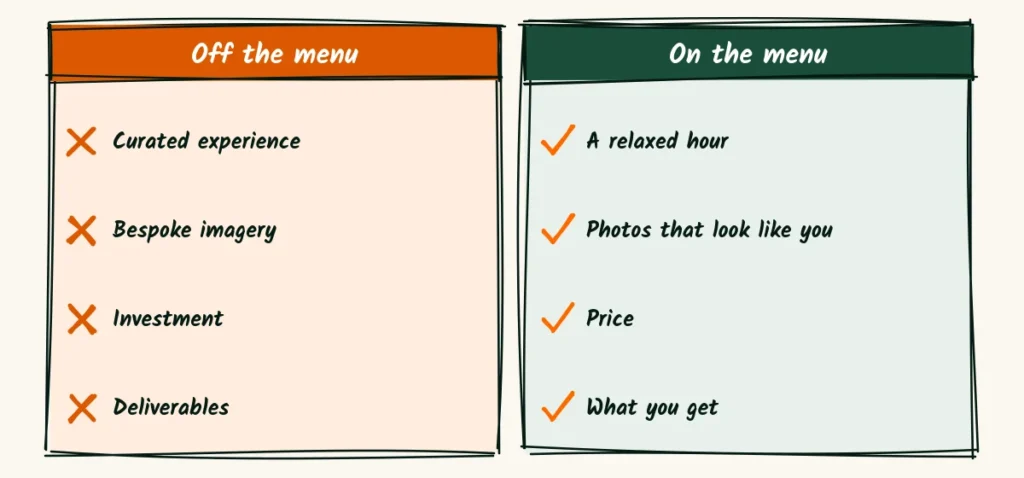 Fancy words out, plain words in Two columns of words with fancy phrases crossed out on the left and simple replacements with check marks on the right