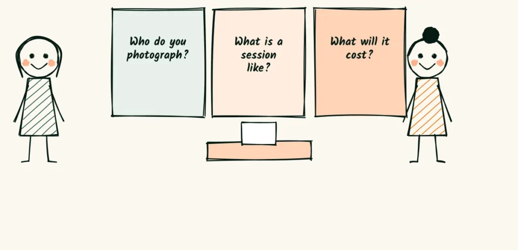 Answer a friend, not a camera Two friends at a coffee table, one asking small question cards about who she photographs, what a session is like and what it costs