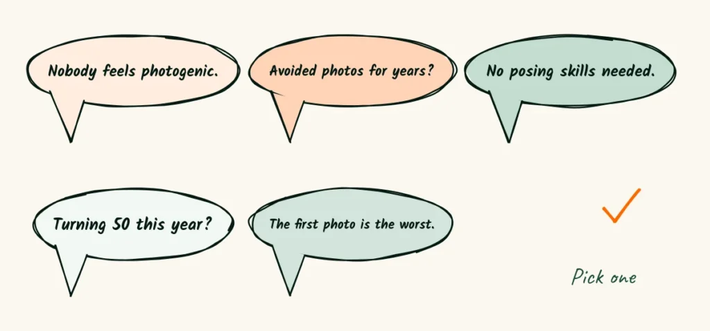 Five ways to open A hook menu with five short opening lines in speech bubbles and a check mark beside the chosen one