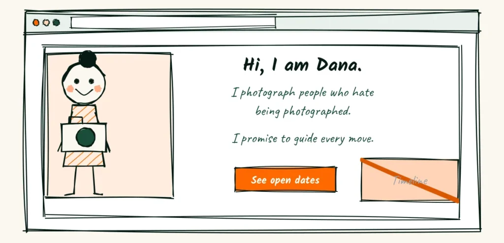 About without the résumé An about page with a smiling photographer portrait at the top, three short lines and a button, with a crossed-out timeline on the side