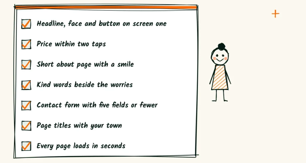 Seven checks before you publish A seven-line checklist with orange check marks beside a happy person, for checking a website before you publish