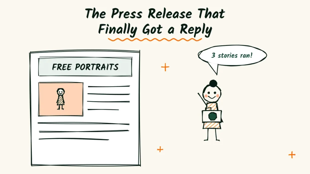 The Press Release That Finally Got a Reply Local press release idea doodle of a newspaper with a headline and photo beside a happy photographer holding a camera