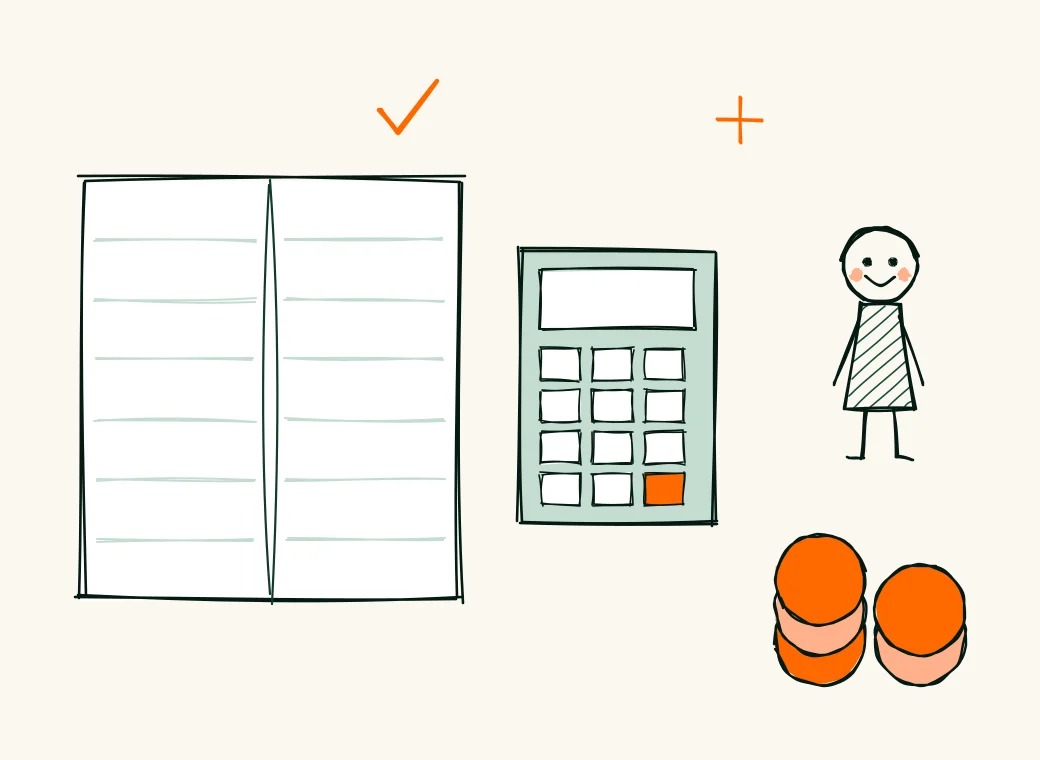 An open ledger, a calculator and stacks of coins next to a cheerful bookkeeper with a big check mark