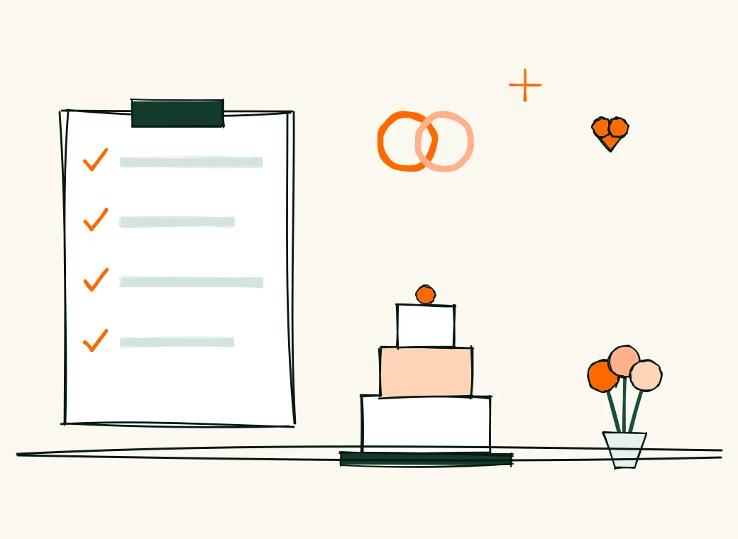 A planning checklist, a tiered wedding cake, two rings, flowers and a heart