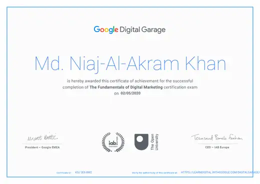 Google Digital Garage certificate for The Fundamentals of Digital Marketing, awarded to Niaj A A Khan