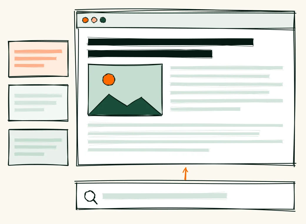 A blog post open in a browser with a picture and paragraphs, a stack of more posts beside it and a search box leading to it