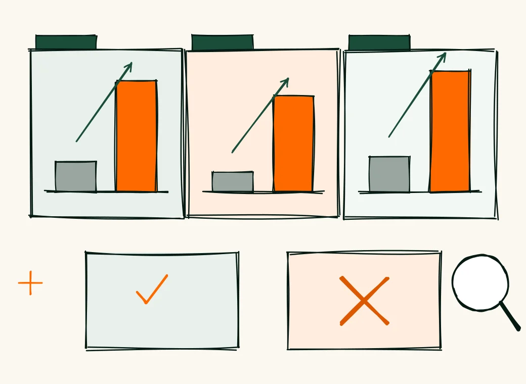 Case files with before and after bar charts that rise, a check for what worked and a cross for what did not, and a magnifying glass