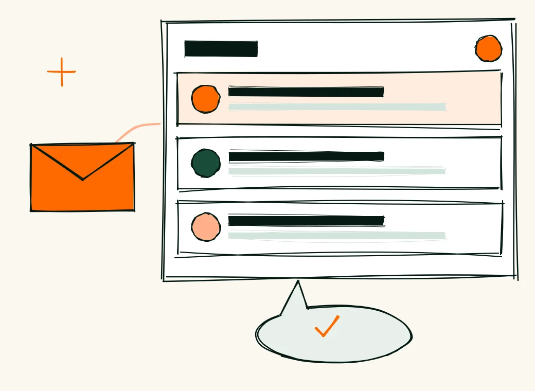 An inbox with a few short emails, a flying envelope and a reply bubble with a check mark