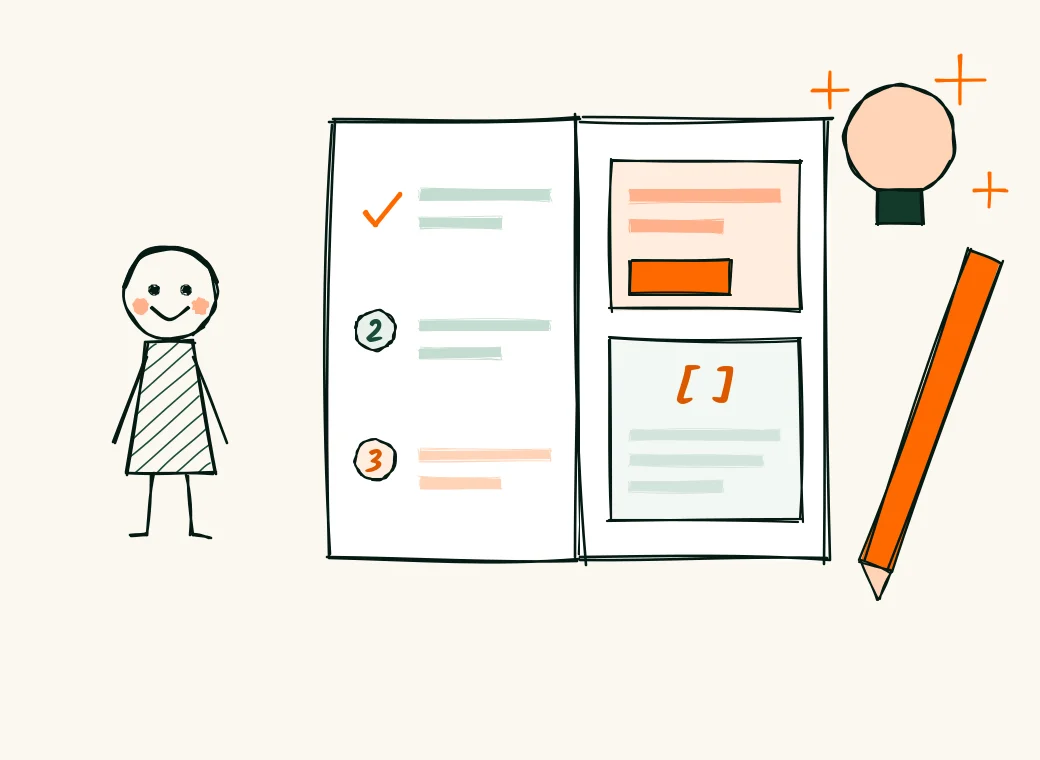 A friendly open guide with numbered steps, a ready-to-copy template block, a pencil and a bright idea bulb, showing free step-by-step writing guides