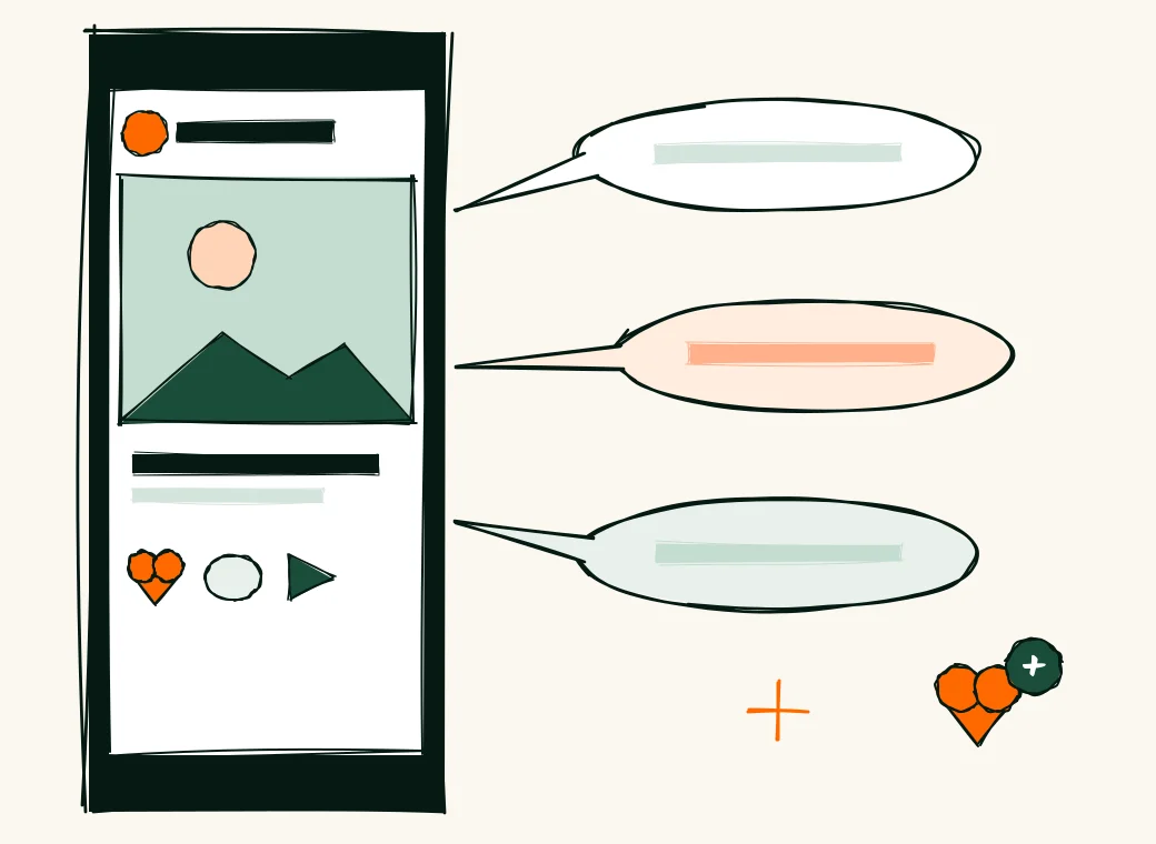A phone with a social post, likes and comment bubbles flowing out of it, and a growing heart