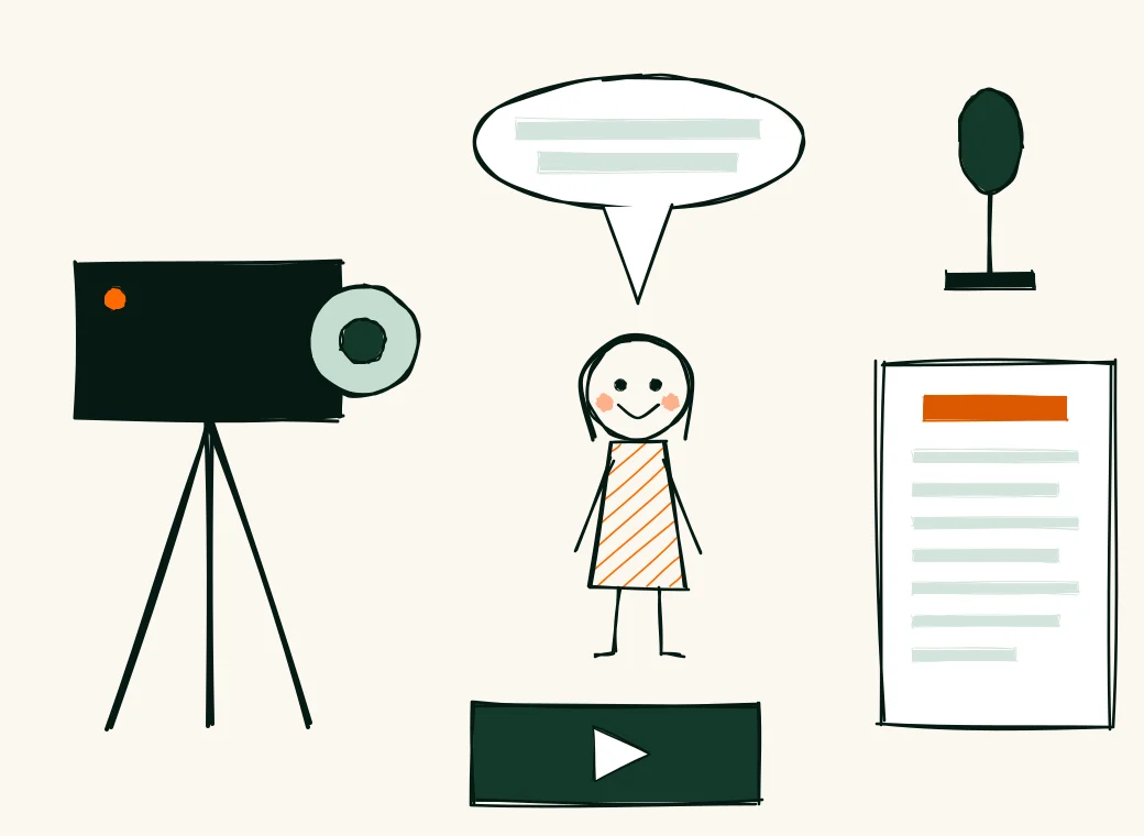 An owner speaking to a camera on a tripod, with a podcast microphone, a short script page and a play button