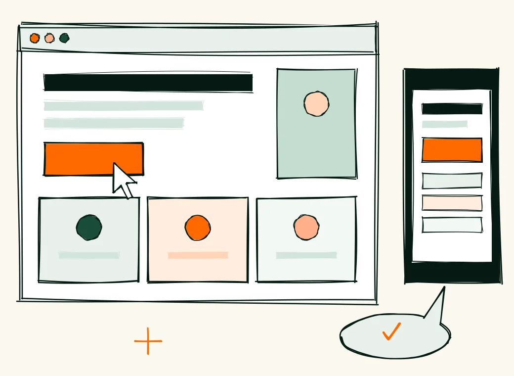 A website on a laptop screen and a phone with a clear headline, a bright button being clicked and three simple sections, plus a happy check